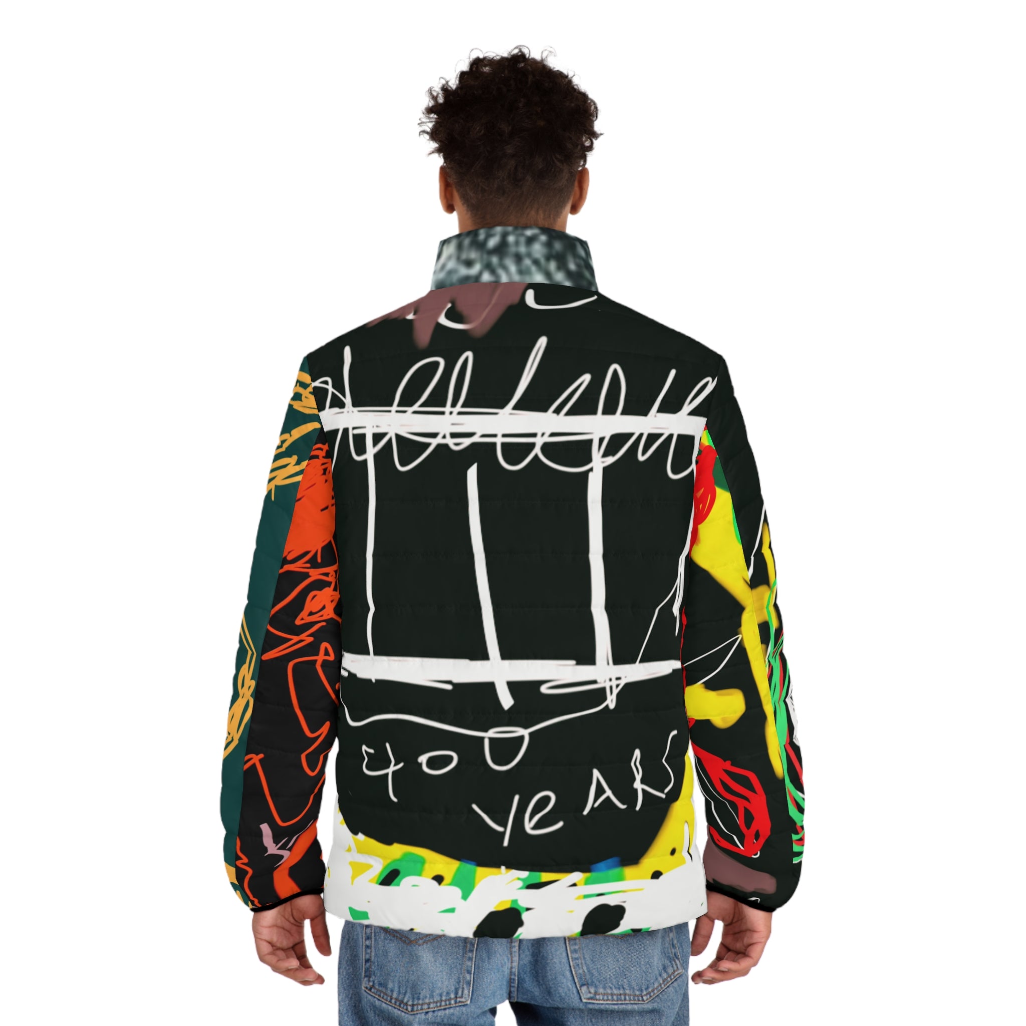 Abstract Genius "Guru K.A. Navi" Artistic Men's Puffer Trendy Outerwear Coat, Unique Fashion Layer, Extraordinary Winter Wear On Sale! Get this work of art now, before the actual painting goes up in Guru Navi's art gallery next year! (Limited time!)