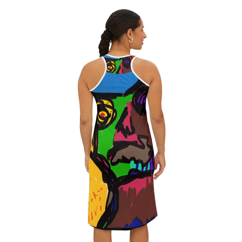 YOGA BRATS presents the abstract greatness of "Guru K.A. Navi" in one of his many abstract designs coming to a gallery near you. Vibrant Art-Print Racerback Dress for Creative Souls, Summer Dress, Festival Wear, Art Lover Gift, Unique AOP Dress