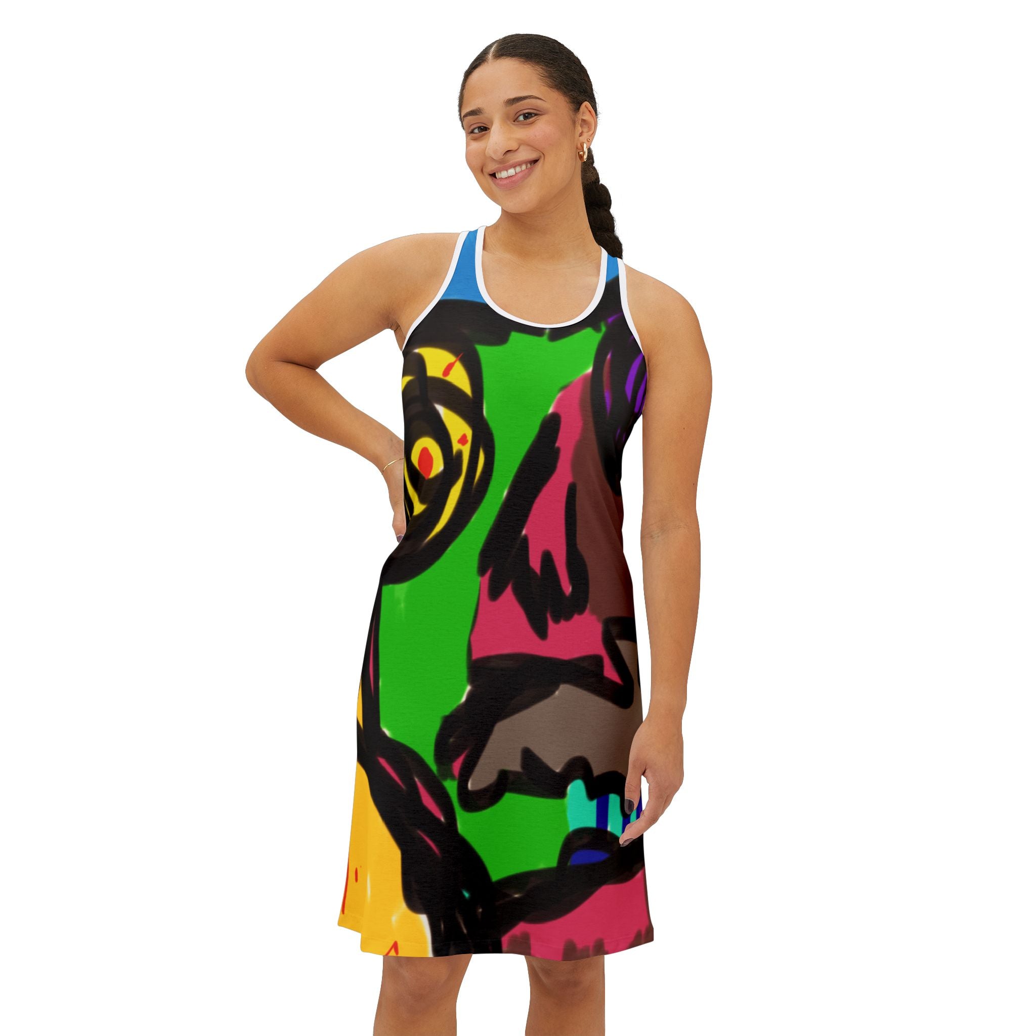 YOGA BRATS presents the abstract greatness of "Guru K.A. Navi" in one of his many abstract designs coming to a gallery near you. Vibrant Art-Print Racerback Dress for Creative Souls, Summer Dress, Festival Wear, Art Lover Gift, Unique AOP Dress