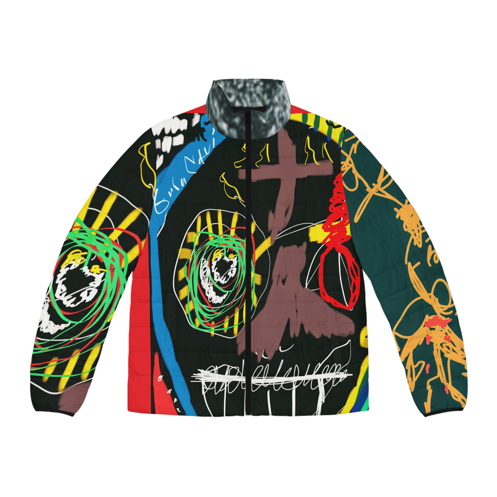 Abstract Genius "Guru K.A. Navi" Artistic Men's Puffer Trendy Outerwear Coat, Unique Fashion Layer, Extraordinary Winter Wear On Sale! Get this work of art now, before the actual painting goes up in Guru Navi's art gallery next year! (Limited time!)