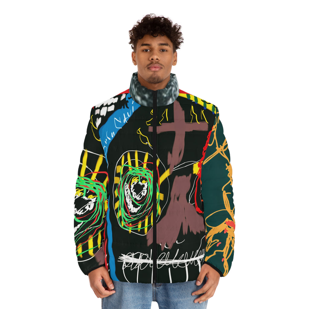 Abstract Genius "Guru K.A. Navi" Artistic Men's Puffer Trendy Outerwear Coat, Unique Fashion Layer, Extraordinary Winter Wear On Sale! Get this work of art now, before the actual painting goes up in Guru Navi's art gallery next year! (Limited time!)